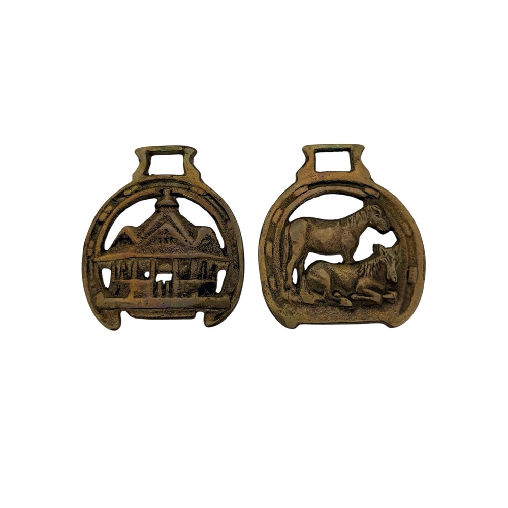 Vintage Brass Horses Barn Harness Medallions Rustic Equestrian Western Set of 2